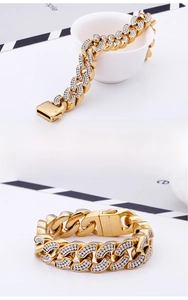 Close-up of golden Cuban link bracelet with iced-out diamonds and 316L stainless steel stamp