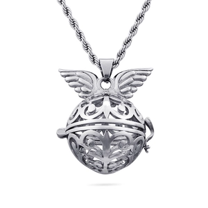 Silver aromatherapy diffuser necklace with hollow sphere pendant and angel wings detail