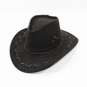 Detail of black cowboy hat featuring decorative thick stitching and metal ventilation eyelets