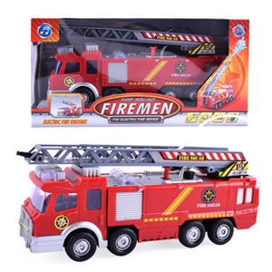 Detail view of electric red fire engine toy with packaging for kids role play