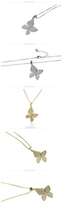 Detailed views of gold and silver butterfly pendant necklaces with zircon micro-pave setting
