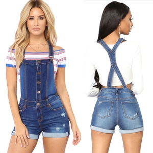 Pantaloncini Salopette In Denim Da Donna Vita Alta Dettagli Strappati Spalline Regolabili Bottoni In Metallo Orlo Arrotolato Stile Urbano