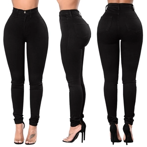 Jeans skinny neri a vita alta da donna, vista frontale, laterale e posteriore