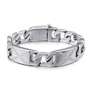 Herren 316L Edelstahl Panzerarmband Mit X-Form Zirkonia Inlay Mode Trendy Geometrischer Schmuck Für Männer