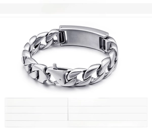 Polished stainless steel men's Cuban chain bracelet with customizable ID plate and 99g weight