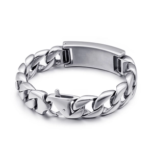 Men's silver stainless steel Cuban link bracelet with a polished rectangular ID plate