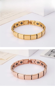 Detailed macro view of 18K gold-plated ceramic magnetic therapy bracelets in rose gold