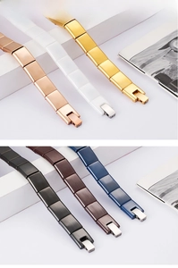 Polished steel link bracelet in six colors: rose gold, white, gold, black, brown, and blue