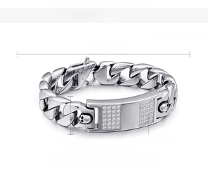 Detailed view of stainless steel skull bracelet with zircon inlay and product dimensions