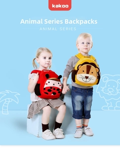 Kids plush animal backpacks featuring 3D ladybug and lion designs on young models