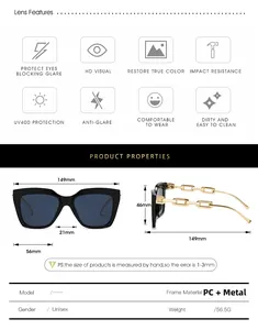 Detailed size chart of oversized square sunglasses with gold chain temples and PC frame