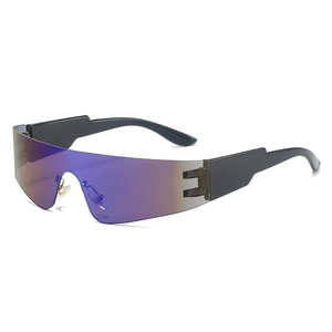 Frameless punk sports sunglasses with oversized purple gradient lens and black wide temples