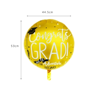 Detail of graduation balloon showing dimensions 53cm by 44.5cm and metallic gold finish