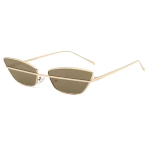 Minimalist gold metal narrow cat eye sunglasses with brown lenses and modern geometric frame