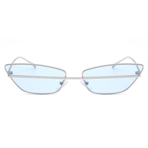 Silver metal frame cat eye sunglasses with light blue lenses for trendy fashion outfits