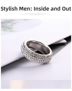 Macro view of wide silver titanium steel ring with 5 rows of shimmering white crystals