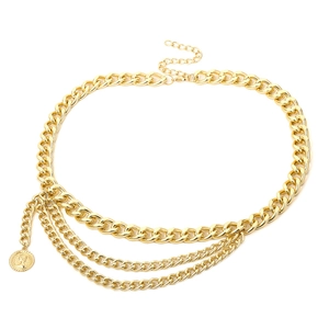 Three-layer golden metal waist chain with embossed coin pendant and adjustable link design