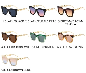 Matrix display of fashion oversized square sunglasses with stylish gold chain temples