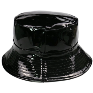 Glossy Black Patent Leather Bucket Hat Unisex Solid Color Waterproof Basin Hat Streetwear Stage Performance Decorative Accessory