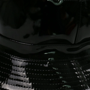 Glossy black patent leather bucket hat with detailed parallel stitching craft