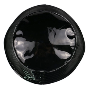 Glossy black patent leather bucket hat in a minimalist top-down perspective view
