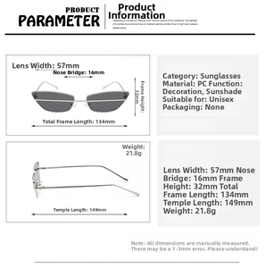 Detailed size specifications and measurements for silver metal cat eye frame sunglasses