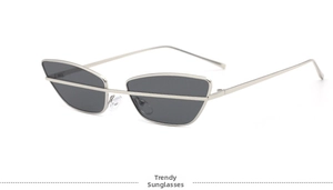 Detail of trendy silver metal cat eye sunglasses with grey lenses and top bar
