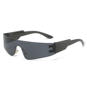 Futuristic rimless oversized sports sunglasses with one-piece shield lens in matte black