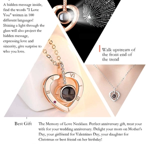 Detail showing the 100 languages I Love You projection feature on the heart necklace