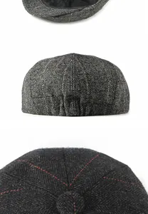 Détails d'un béret en laine à chevrons avec carreaux rouges et bande élastique
