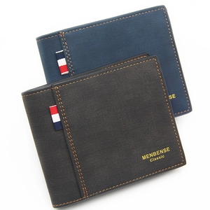 Classic men's short bifold frosted leather wallet in dark grey and navy blue colors