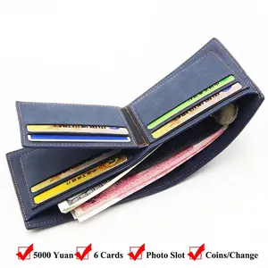 Slim navy bifold wallet for men with orange stitching and large storage capacity