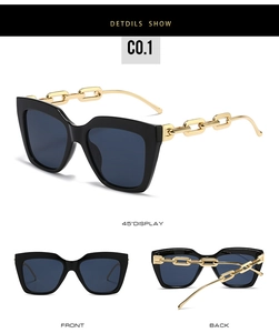 Three angles of black square sunglasses with decorative gold chain temples detail