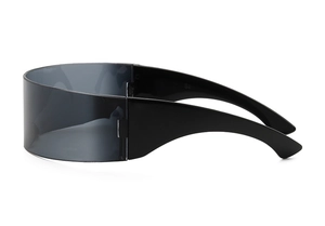 Side view detail of futuristic cyberpunk wraparound sunglasses with sleek black frames