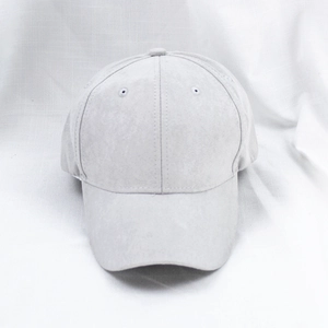 Top view of a light gray faux suede baseball cap showing a six-panel stitch and curved brim