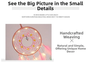 Detail of pink handmade dream catcher with soft feathers and warm LED fairy lights