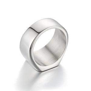 Polished silver stainless steel ring with a wide flat top design against a white background