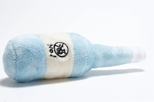 Detailed view of wine bottle shaped plush dog toy with blue and white soft velvet texture