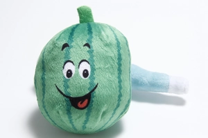 Detailed close-up of watermelon plush toy showing soft fabric texture and blue handle