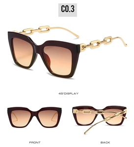 Three-angle views of square sunglasses in dark burgundy frame with gold chain temples