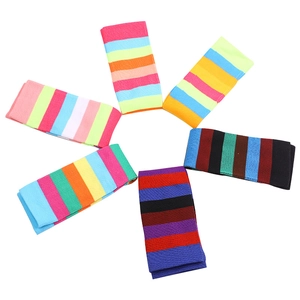 Unisex striped knit crew socks in six vibrant colors displayed in a circular layout