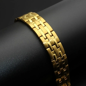 Golden 15mm stainless steel magnetic link bracelet featuring polished rectangular sections