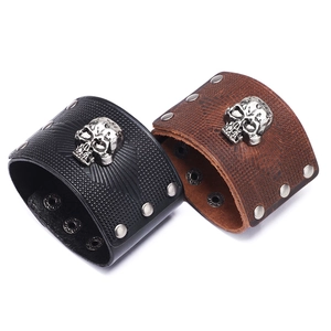 Men's leather skull bracelet with silver rivets in black and brown textured finishes