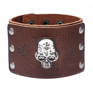 Men Wide Leather Cuff Bracelet With Metal Skull And Rivet Punk Gothic Style Adjustable Snaps Vintage Jewelry