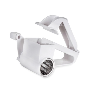 Manual rotary cheese grater in white plastic with sharp stainless steel drum blade