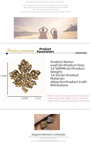 Detailed size chart for vintage leaf brooch with crystals and alloy specifications