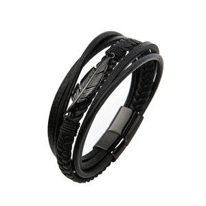 Men's multilayer black leather braided bracelet featuring a metal feather charm and magnetic clasp