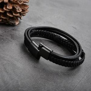 Black multilayer braided leather bracelet for men with feather charm and magnetic clasp