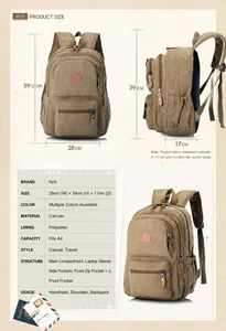 Detailed size chart for the khaki canvas backpack with specific dimensions and pocket structure