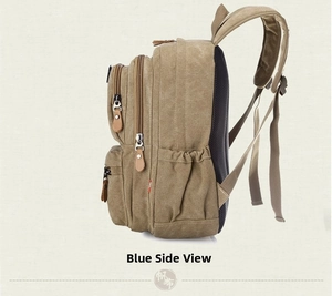 Side view of khaki canvas backpack featuring side pockets and breathable mesh back padding